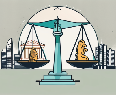 A balanced scale with one side holding a graduation cap symbolizing a master's in education and the other side holding iconic singapore symbols like the merlion or marina bay sands