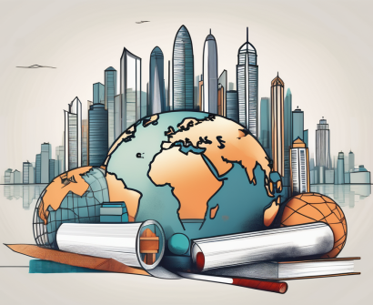 The hong kong skyline with a few symbolic educational tools like a globe
