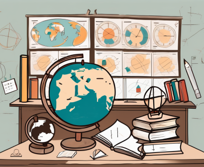A hong kong classroom setting with diverse educational tools and symbols representing international teaching issues such as a globe