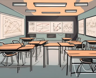 A classroom with empty desks and chairs