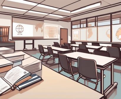 A classroom setting in hong kong with various language learning tools such as headphones