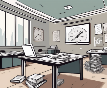 A classroom setting in dubai with symbolic elements representing challenges such as a broken computer