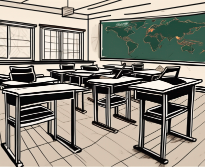 A cambodian classroom with empty desks and chairs