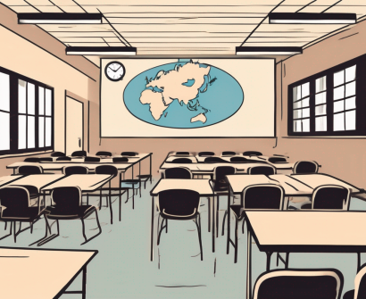 A classroom setting with empty chairs and desks