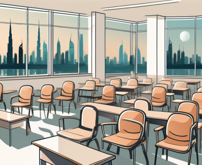 A diverse set of empty classroom chairs and desks with a backdrop of iconic dubai landmarks