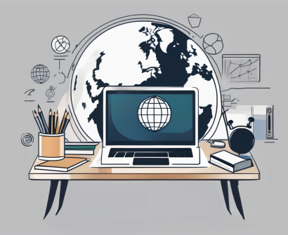 A laptop on a desk with educational icons floating above it