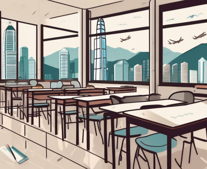 A classroom setting in hong kong with scattered teaching materials and iconic hong kong landmarks visible through the window