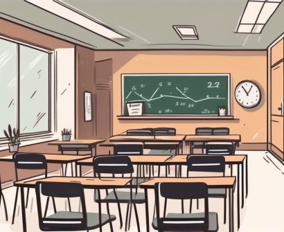A classroom setting in hong kong with empty chairs and desks