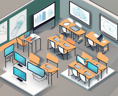 A digital classroom setting with various technological tools such as tablets