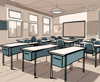A classroom setting in malaysia with empty chairs and desks