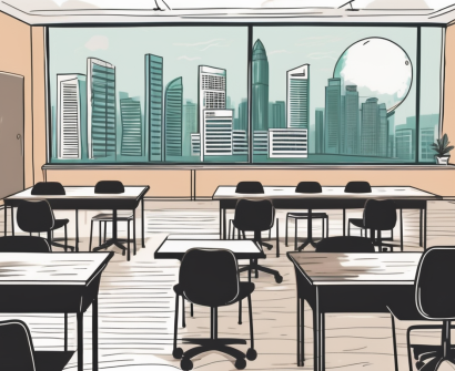 A classroom with empty desks