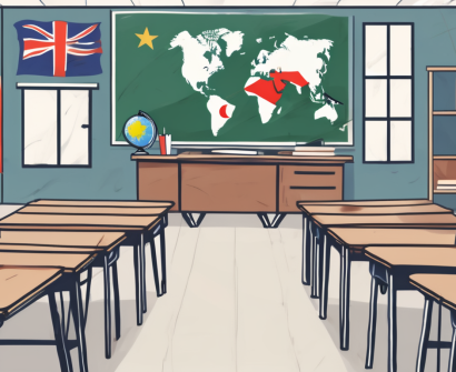 A south korean classroom with an empty teacher's desk