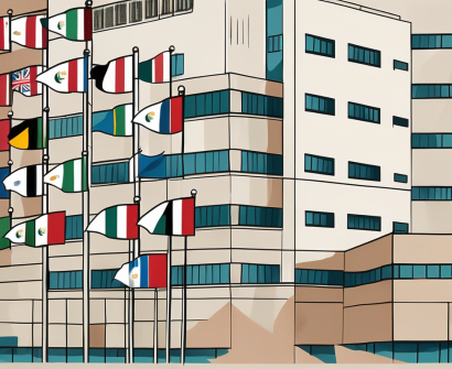 A diverse array of international school buildings in kuwait with various national flags fluttering in the wind