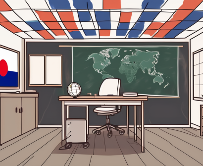 A classroom setting with empty chairs and desks