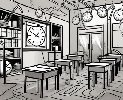 A classroom scene in hong kong with various symbols representing common challenges such as a broken clock (for time management issues)