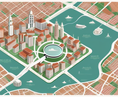 A variety of international school buildings scattered across a detailed map of macao