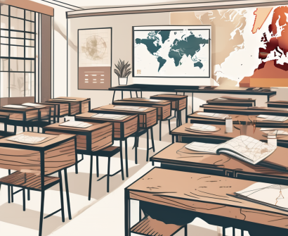 A classroom setting with diverse cultural symbols from around the world placed strategically