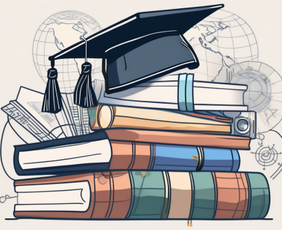 A stack of books with a graduation cap on top