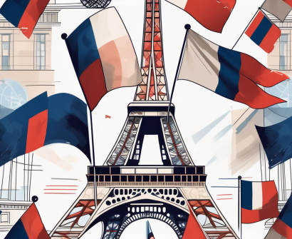 The eiffel tower with various international flags flying around it