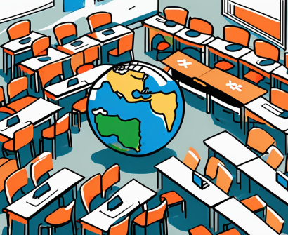 A classroom with empty desks and chairs