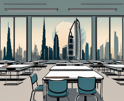 A classroom with empty desks and chairs