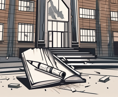 A broken pencil and a torn book in front of a school building