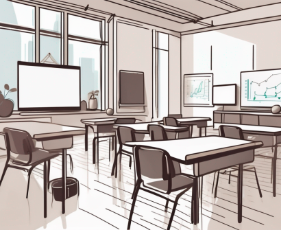 A classroom setting with advanced teaching tools like digital whiteboards