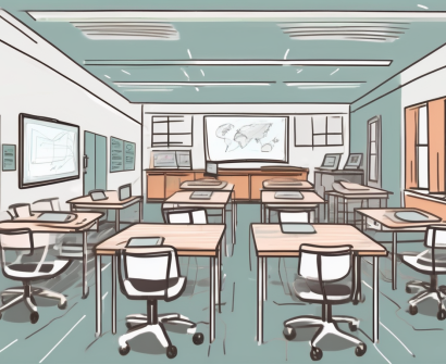A modern classroom filled with various innovative teaching tools such as virtual reality headsets