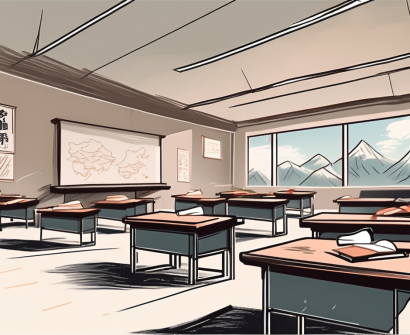 A classroom setting in china with empty desks
