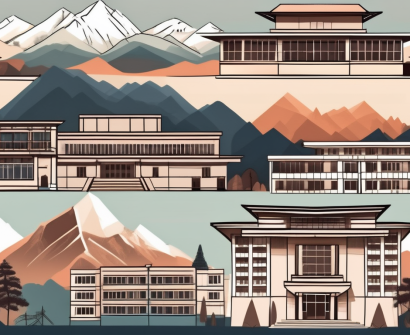 Eight distinct school buildings representing different architectural styles from around the world