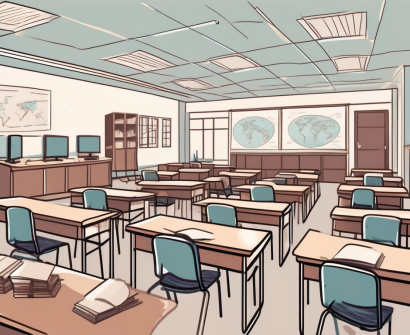 A singaporean classroom with empty desks and chairs