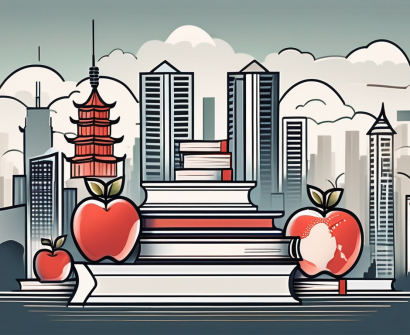 A modern chinese city skyline with iconic educational symbols like books