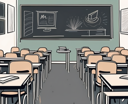 A classroom setting in dubai with empty chairs and desks
