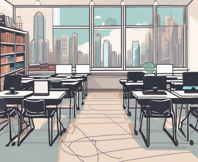 A school building with a hong kong skyline in the background
