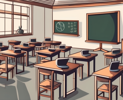 A classroom with empty desks