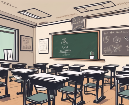 A classroom setting in hong kong with empty desks