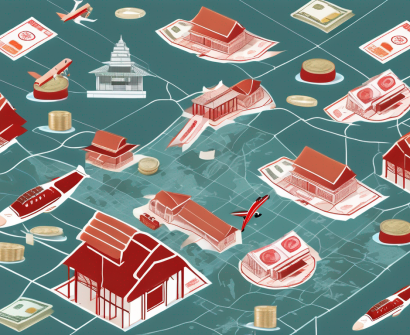 A variety of international currencies scattered on a map of vietnam