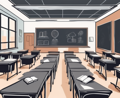 A classroom setting in singapore with empty desks