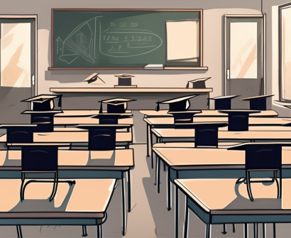 A classroom setting in thailand with empty desks and chairs