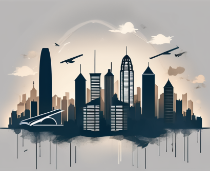 A dimly lit hong kong skyline with silhouettes of various educational elements like books