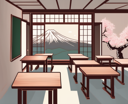 A traditional japanese classroom setting with chalkboard
