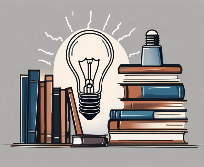 A stack of books next to a lightbulb
