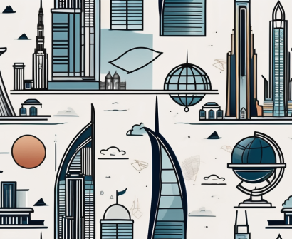 Dubai's skyline with iconic educational symbols like a graduation cap