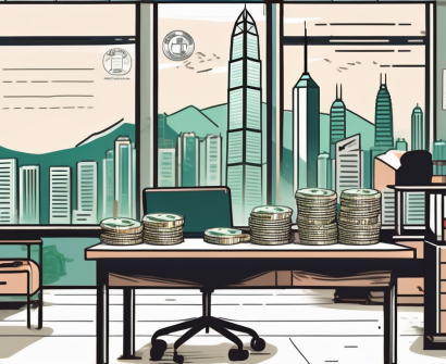 A classroom set up with a backdrop of iconic hong kong landmarks