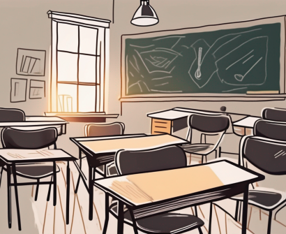 A classroom desk stacked with papers and books