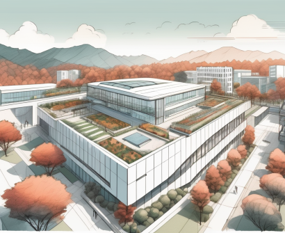 A diverse array of international school buildings in seoul with surprising elements like a rooftop garden