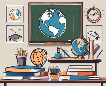 A classroom setting with various educational tools like books