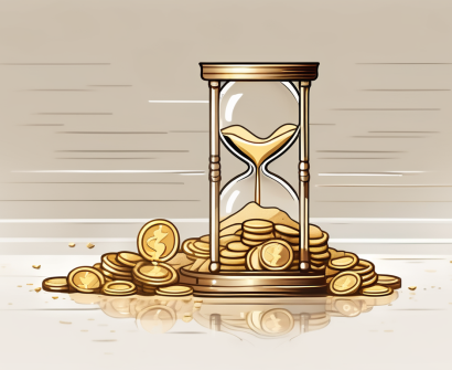 A sand hourglass next to a stack of gold coins
