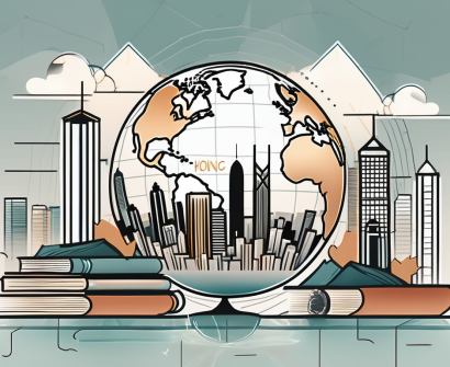 The hong kong skyline with academic symbols like a globe