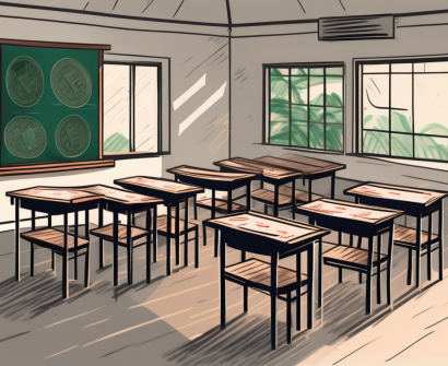 A traditional vietnamese classroom setting with a chalkboard
